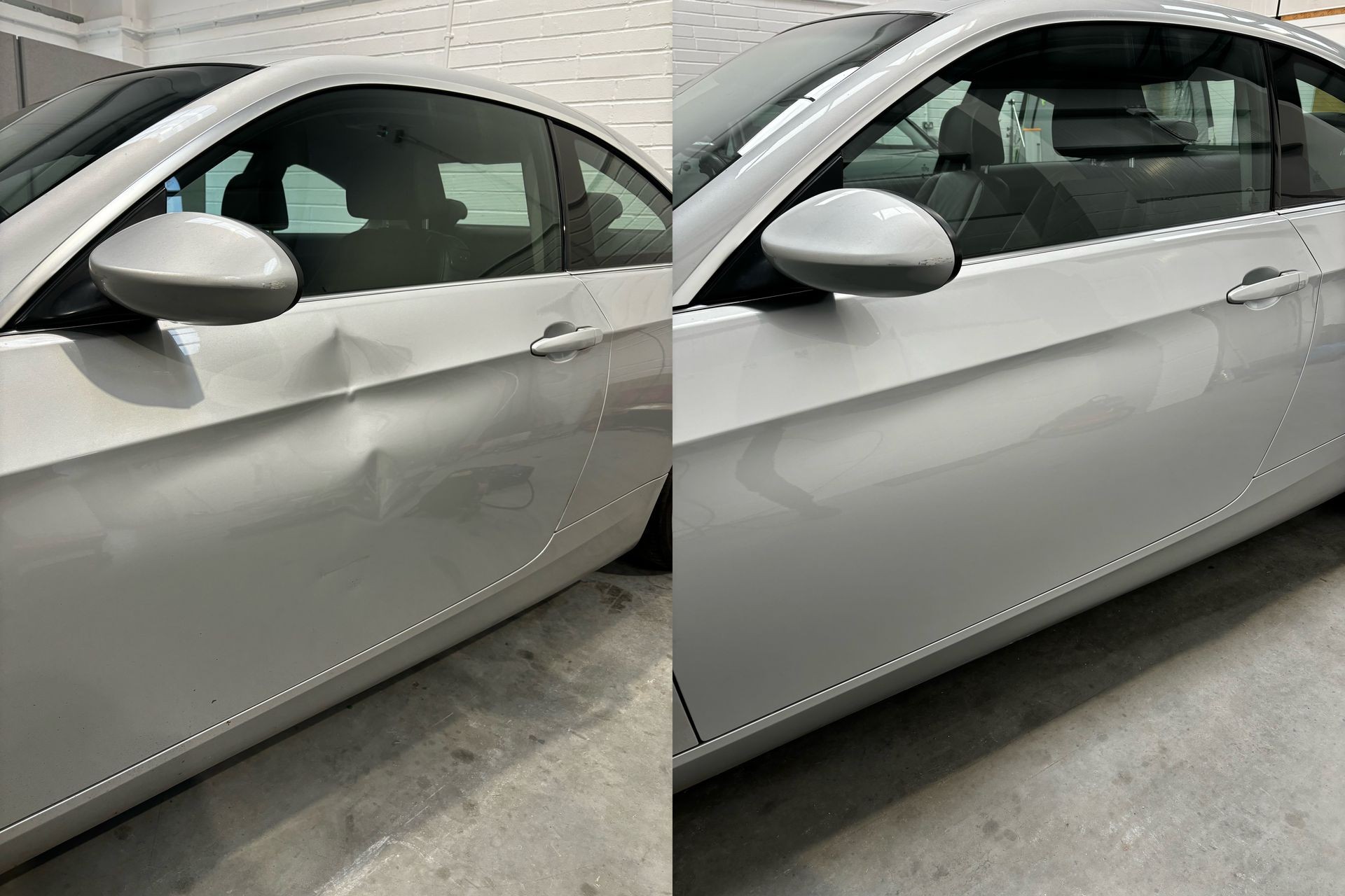 Before and after images of a silver car door, showing repair of a dent.